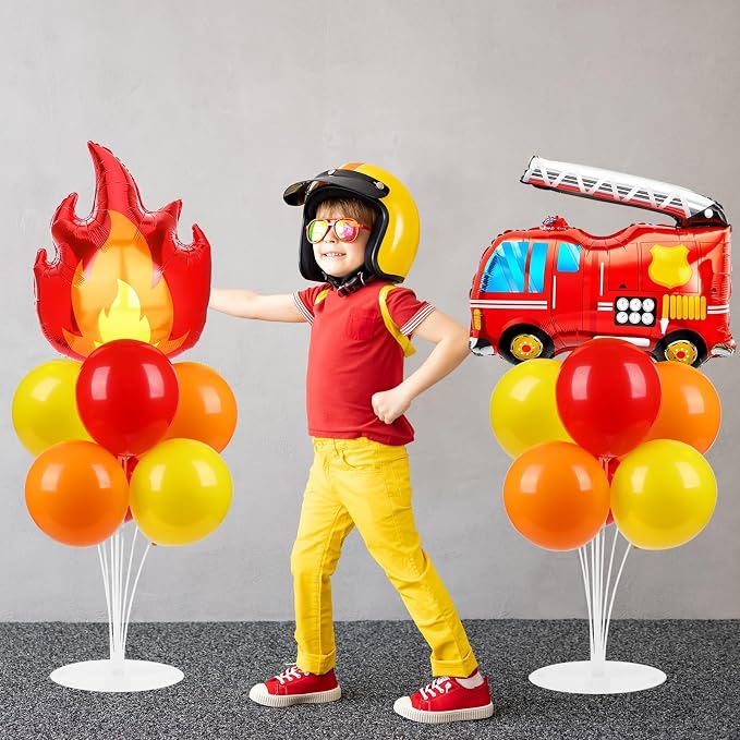 Fire Party Balloons Stand Kit 2 Sets with 2 Fire Truck Foil Balloons Fireman Firefighter Themed Party Balloon Centerpiece for Tables for Firefighter Rescue Birthday Party Decorations