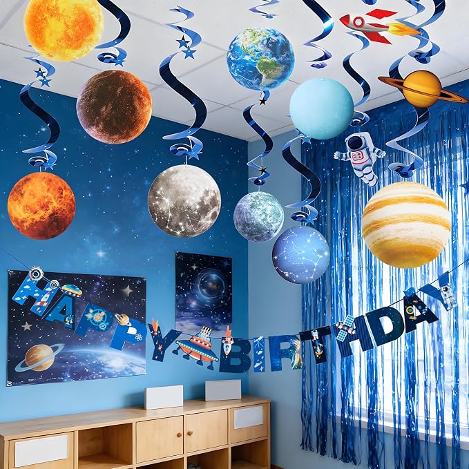 SUNBEAUTY Solar System Birthday Party Decorations Outer Space Happy Birthday Banner Planet Rocket Astronaut Hanging Swirls for Kids Baby Shower First Trip Around The Sun School Supplies