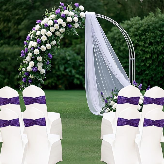 Eternal Beauty Pack of 30 Purple Sequin Bands Bows Chair Sashes for Wedding Chair Cover Decorations