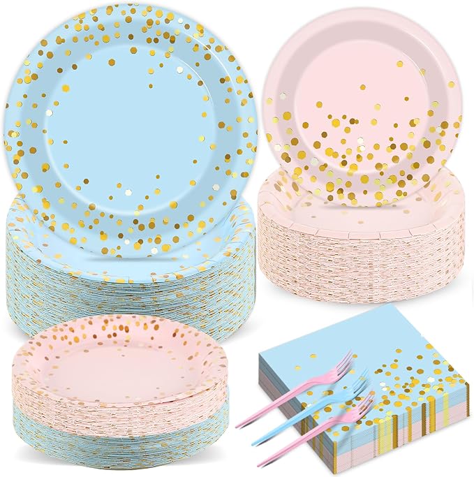 gisgfim 50 Guests Gender Reveal Party Supplies Baby Shower Party Tableware Gender Reveal Plates and Napkins Plastic Forks Boys Girls Blue and Pink Paper Plates for Baby Shower Wedding Birthday 200PCS