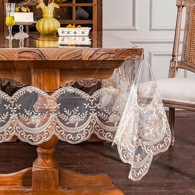 ARTABLE Vinyl PVC Rectangle Tablecloth Waterproof Clear Table Cover with Champagne Lace Macrame Border for Wedding Kitchen Home Outdoor Indoor Holidays Party Decor (Champagne-1, 60 x 120 Inch)