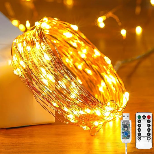 Ariceleo 1 Pack 65. 6 ft. USB Powered Fairy Lights with Remote & Timer, 100 LED USB Twinkle String Lights - Silver Wire, 8 Modes, Waterproof, Warm White Starry Lights for Party, Wedding, Christmas