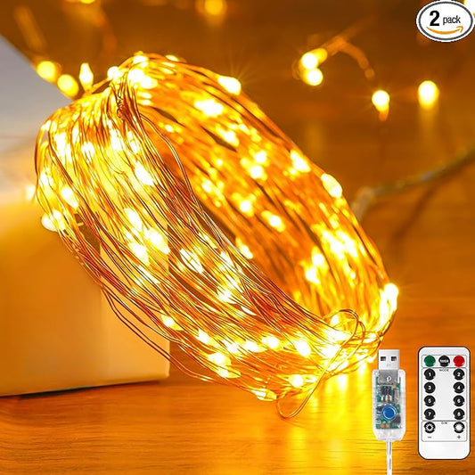Ariceleo 2 Pack 65. 6 ft. USB Powered Fairy Lights with Remote & Timer, 100 LED USB Twinkle String Lights - Silver Wire, 8 Modes, Waterproof, Warm White Starry Lights for Party, Wedding, Christmas