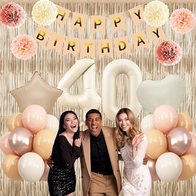 Beige 40th Birthday Decorations for Women Cream Number 40 Balloon Nude Gold Happy Birthday Banner Fringe Curtain Paper Pom Poms Blush White Sand Champagne Star Foil Balloons Neutral Boho Party Decor