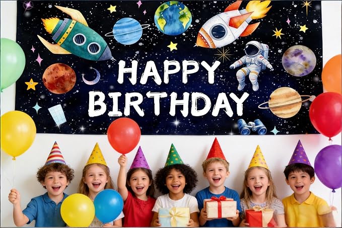 Outer Space Birthday Party Decorations - Huge 7x5FT Galaxy Backdrop, Rocket Astronaut Foil Balloons, Solar System Paper Lanterns & Tablecloth for Boys First Trip Around the Sun Party
