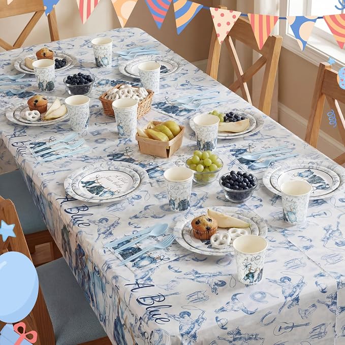 Yungyan 168 Pcs Blue Jean Baby Shower Birthday Party Decoration Disposable Blue Paper Plates Napkins Tableware Set for Boho Rustic Country Bridal Birthday Baby Shower Party Supplies Serves 24