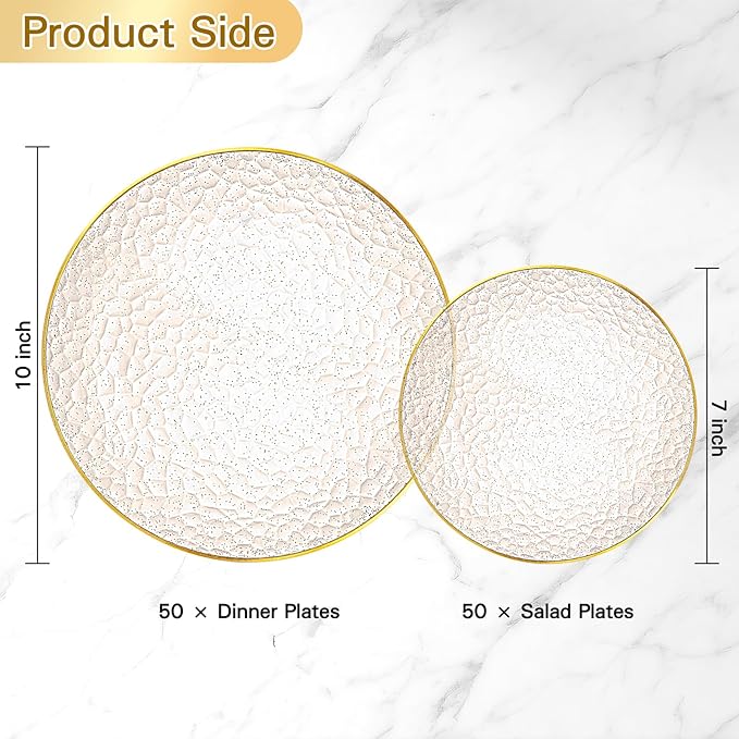 Rubtlamp 100Pcs Clear Gold Plastic Plates, Gold Glitter Disposable Plates, Hammered Plastic Plates Included 50 Dinner Plate And 50 Dessert Plate for Weddings Party Birthday