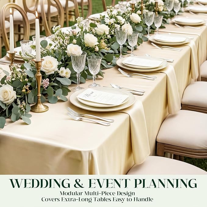 1 Pack Champagne Satin Tablecloth 58 x 102 Inches, Rectangular Satin Table Cloths for Wedding Reception, Birthday Party, Graduation & Holiday Banquet Tables