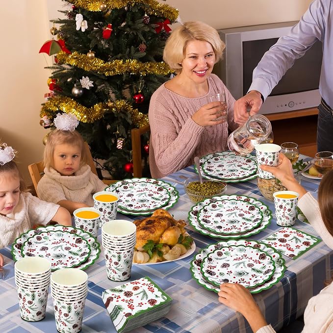 Domensi 250 Pcs Christmas Party Supplies Holly Leaf Berries Christmas Paper Plates and Napkins Cups Disposable Plates Napkins Tableware Set for 50 Guests for Xmas Winter Holiday Decoration