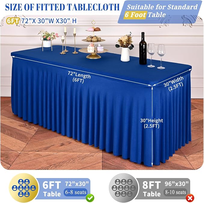 2 Packs Royal Blue Stretch Table Skirts for 6 Foot Rectangle Table, Washable Spandex Stretch Tablecloths with Skirt, Wrinkle Resistant Fitted Tablecover for Wedding Party Banquet