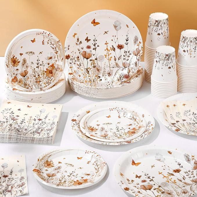 Ziliny 250 Pcs Wildflower Party Decorations Include Boho Autumn Fall Floral Paper Plates Napkins and Cups for Wildflower Baby Shower Tea Decorations, Serve 50 Guest