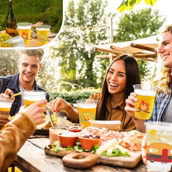Camping Party Decorations Cups, 100 Pcs 12Oz Bulk Disposable Drinking Camping Theme Plastic Cups for BBQ Coffee Tea Beverage Backyard Birthday Shower Wedding Party Decorations Favors
