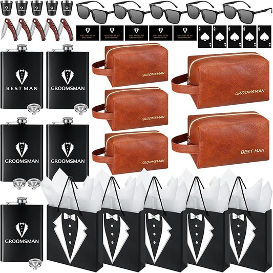50Pcs Groomsmen Gifts Groomsmen Proposal Box with Flasks Sunglasses PU Leather Toiletry Bag Bottle Opener for Wedding Groomsman Best Man Gift (Brown)