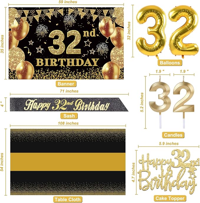 32nd Birthday Decorations Men Women with 32nd Birthday Banner, Black and Gold Table Cloth, Number Balloons, Large Sash, Cake Topper and Candles