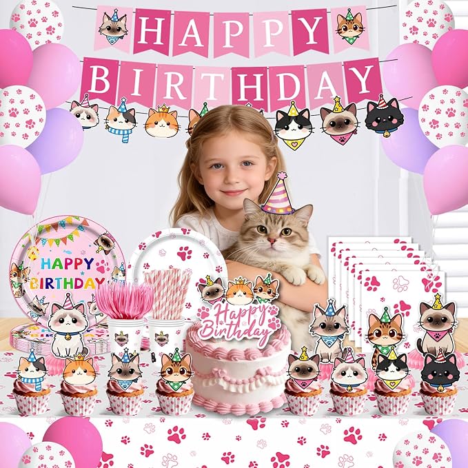 197pcs Cat Birthday Decorations Kit, Cute Cat Themed birthday party decorations with Tableware, Cake Decorations & Hanging Accessories, Serves 24 Guests