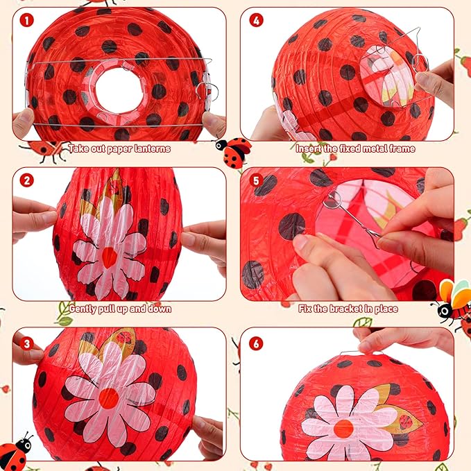 Retisee 18 Pcs Ladybug Party Decorations Kit Red Black Polka Dot Ladybug Flower Paper Lanterns Hanging Decoration Red Black Paper Fans Hanging Honeycomb Ball for Lady-Bug Birthday Party Supplies