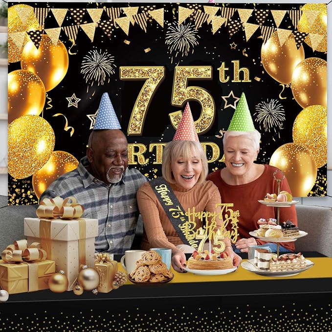 75th Birthday Decorations Men Women with 75th Birthday Banner, Black and Gold Table Cloth, Number Balloons, Large Sash, Cake Topper and Candles