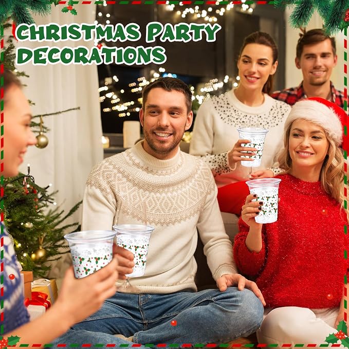 Jingmore 100 Pcs Christmas Plastic Cups 12 oz Holly Berry Red Green Leaves Disposable Clear Plastic Drinking Cups Bulk for Xmas Winter Holiday Party Decorations Supplies