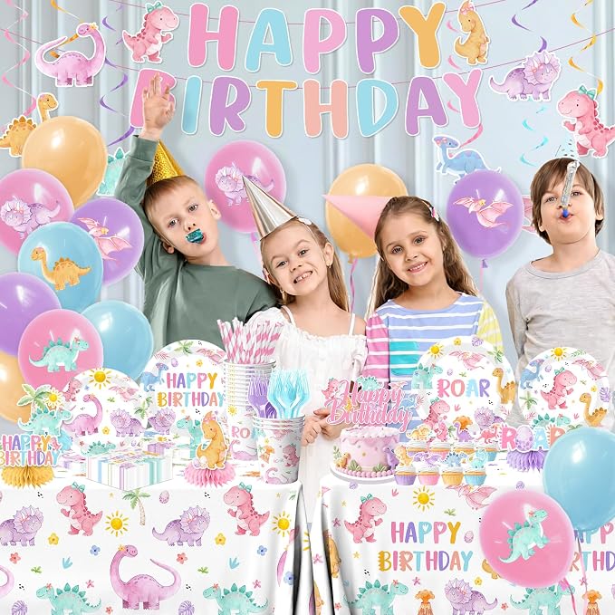 Pink Dinosaur Birthday Decorations for Girls, Pastel Dinosaur Party Decorations with Banner,Plates,Napkins,Cups,Tablecloth,Balloons,Cake Topper for Dino Themed Party Supplies, Serve 24