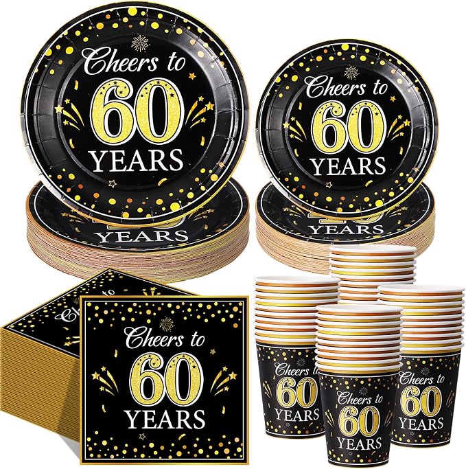Pickmesh 250 Pcs 60th Birthday Party Supplies Decorations Serve 50 Black Gold Cheers to 60 Years Disposable Paper Plates Napkins and Cups for Women Men 50th Birthday Wedding Anniversary Party Supplies