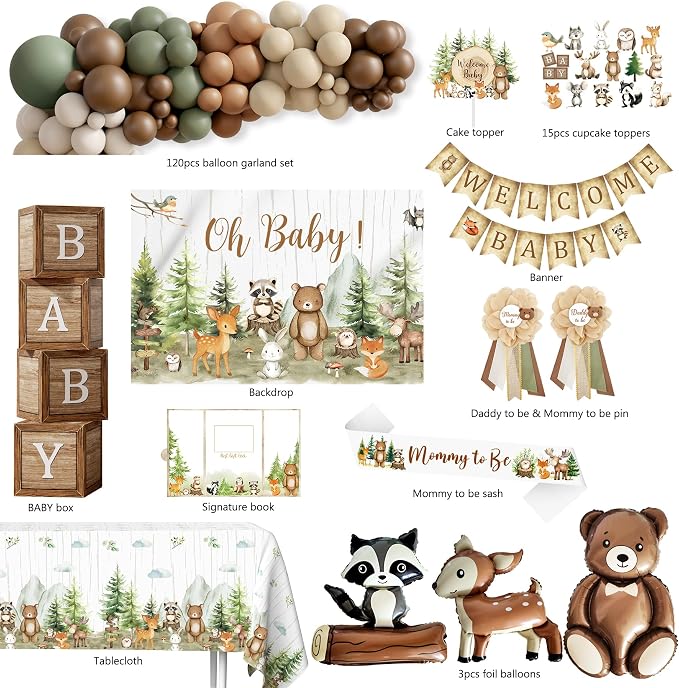 Woodland Animals Baby Shower Decoration Party Supplies, Forest Animal Neutral Gender Reveal Party Decorations, Backdrop Balloon Arch Box Mom to Be Sash Dad to Be Pin Tablecloths Cake Topper