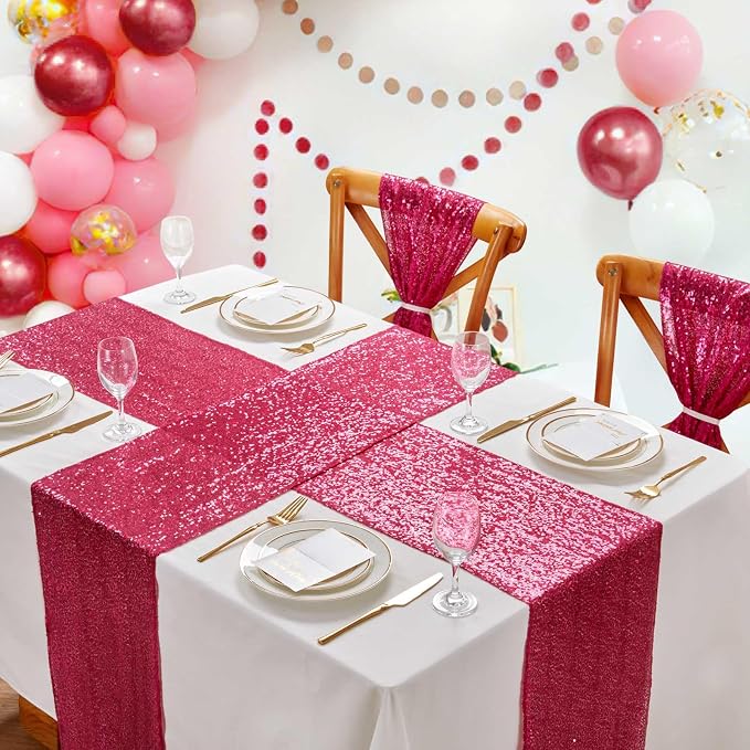 Sequin Table Runners 2 Pieces Fuchsia Table Runners 12x72 Inch Glitter Dining Table Cover for Party Wedding Birthday Reception Banquet Decoration Spring Party Chair Sashes