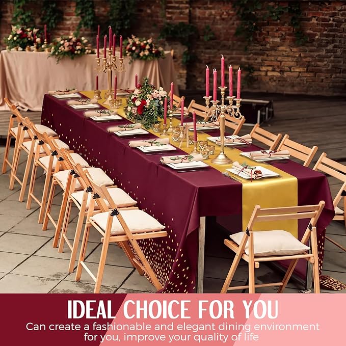 Breling 16 Pack Burgundy and Gold Disposable Plastic Tablecloths and Satin Table Runner Set, 54 x 108 Inch Tablecloth, 12 x 108 Inch Table Runners for Wedding Graduation Birthday Baby Shower