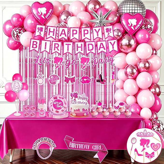 Hot Pink Birthday Party Decorations Supplies 187Pcs Serve 20 Guests, All In One Party Kit with Tableware, Decorations, Cake Topper, Photo Props for little Girls, Girls & Women Birthday Party