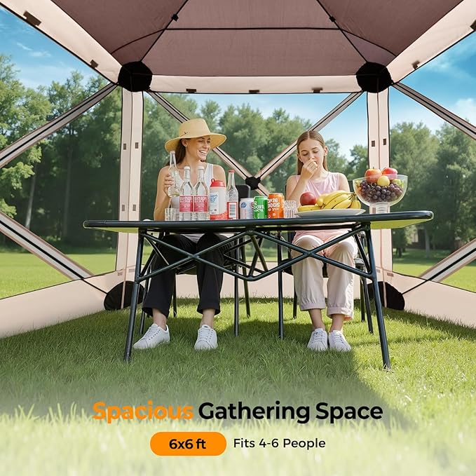 Tecoom 6x6ft 4-Sided Pop Up Gazebo Tent, Canopy Shelter Tent with Mesh Windows for Camping, Portable Shade Tents with Siedwalls, Carrying Bag and Stakes for Outdoor, Garden, Lawn, and Backyard