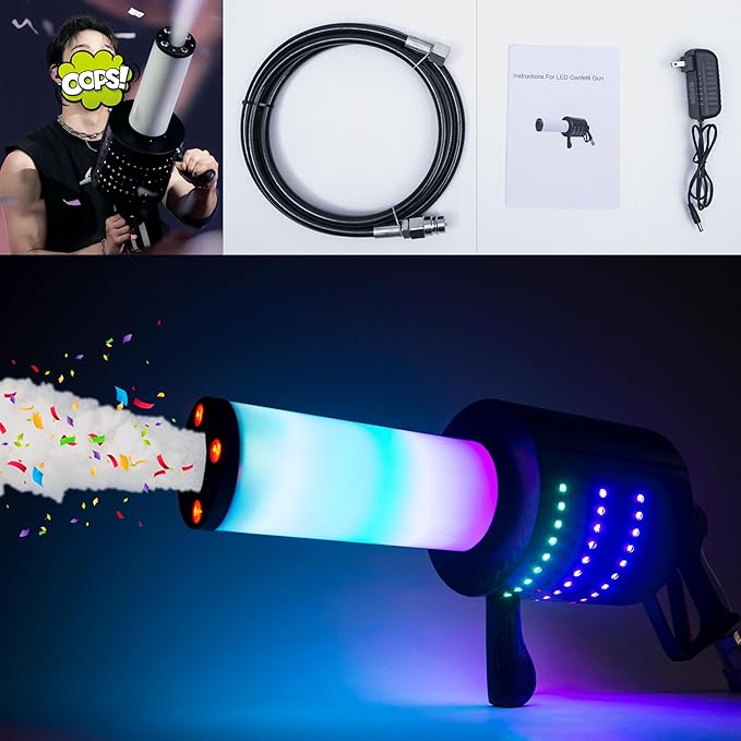 Handheld CO2 Jet Confetti Machine LED CO2 Cannon Blaster Smoke Machine with RGB Lights Carbon Dioxide Gas Column Gun Stage Effect Equipment Tube 3m Hose for Nightclub Wedding Party DJ