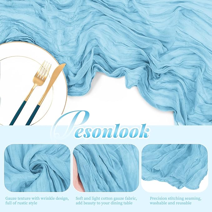 12 Pack Light Blue Cheesecloth Table Runner, 10FT Long Romantic Semi Sheer Cheesecloth Rustic Boho Table Runner for Wedding Birthday Bridal Shower Party Decorations(21.5×120 Inch)