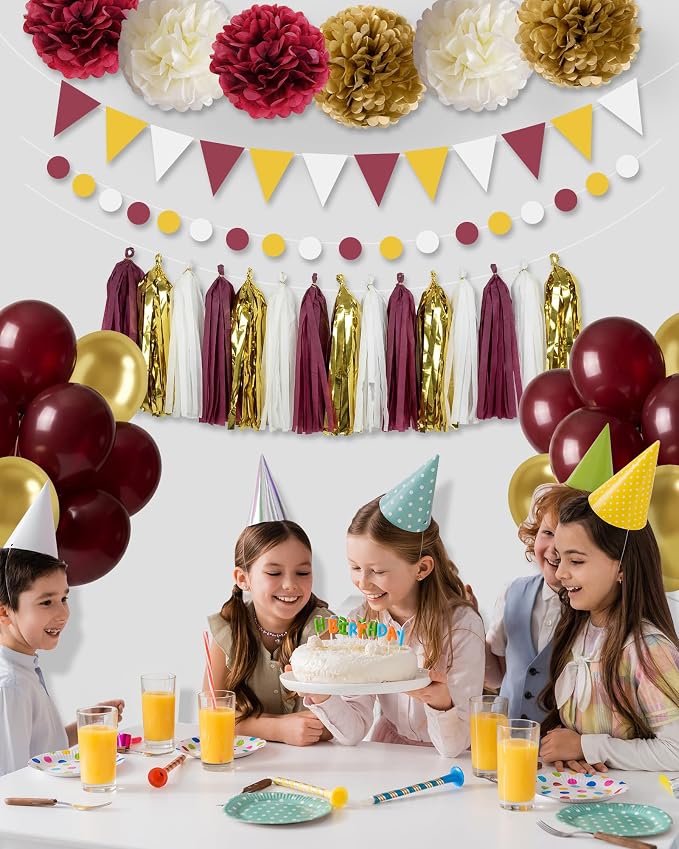 Burgundy Party Decorations Set with Paper Pom Poms, Tassel Garland, Triangle Banner, Circle Dots Garland, Balloons for Birthday, Baby Shower, Graduation