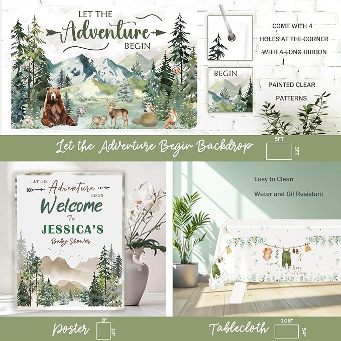 Let the Adventure Begin Baby Shower Decorations, 131 PCs Adventure Awaits Baby Shower Party Supplies with Mountain Backdrop, Balloon Garland, Mom to Be Sash for Boys Forest Woodland Party