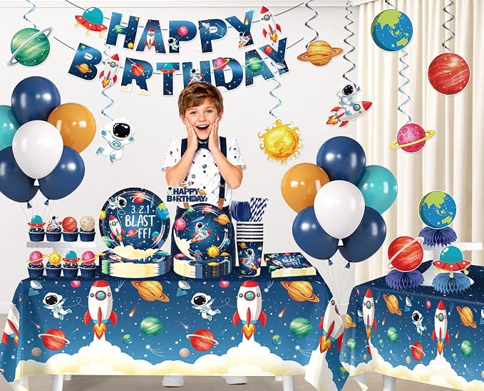 213pcs Space Themed Party Decorations, Serves 25 People, Complete Paper Set Includes No-DIY Banner 350gsm Plates Latex Balloons and Waterproof Tablecloths
