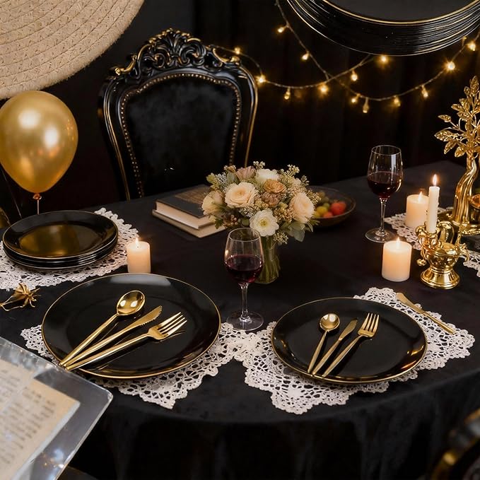 I00000 150Pcs Black Plastic Plates, Black Disposable Plates, Heavy Duty black plates for 30 Guests,Plastic Dinnerware Set Include 30 Dinner Plate,30 Dessert Plate,90 Gold Cutlery Set for Party