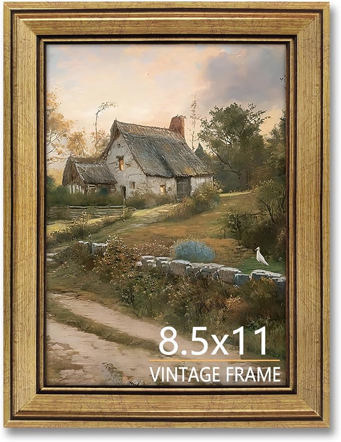 8.5x11 Picture Frame Vintage Gold for Tabletop & Wall Mount | 8.5 x 11 Photo Frame for Living Room, Bedroom, Office Décor & Father's Day Graduation Wedding Gift