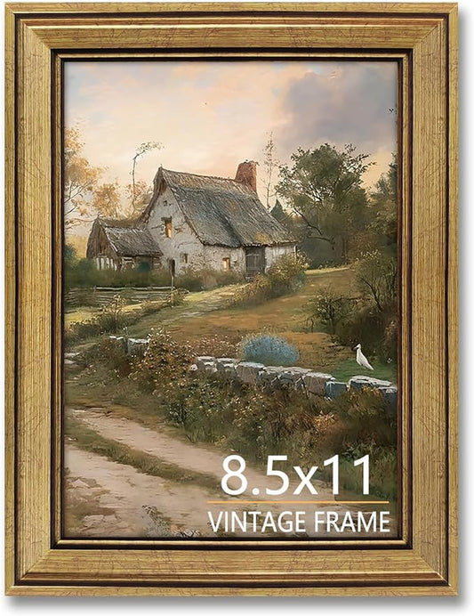 8.5x11 Picture Frame Vintage Gold for Tabletop & Wall Mount | 8.5 x 11 Photo Frame for Living Room, Bedroom, Office Décor & Father's Day Graduation Wedding Gift
