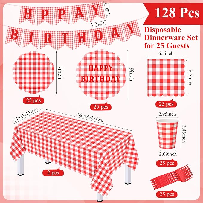 LemonRoad 128 Pcs Red and White Picnic Birthday Party Decoration for 25 Guests, Gingham Checkered Red Birthday Paper Plates Napkins Cups Tablecloth Forks Banner for Pizza BBQ Birthdays Party Supplies
