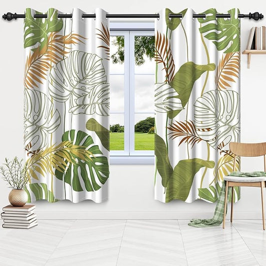 Tropical Palm Leaves Blackout Curtains Green Plants Curtains Green Palm Leaves Botanical Decorative Thermal Insulated Window Drapes for Bedroom and Living Room Decor,26x24 inch,2 Panels