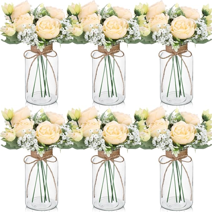 Zeyune 6 Sets Mason Jar Table Centerpiece with Artificial Peony Baby's Breath Flower Centerpieces Faux Flowers with Rope for Wedding Reception Engagement Bridal Shower Rustic Table Decor(Champagne)