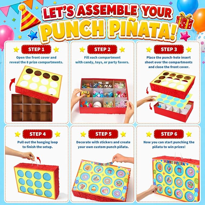 WERNNSAI Birthday Punch Piñata - Punch Box Piñata with 4 Sets of DIY Stickers & 4 Replacement Punch Papers, Hanging Surprise Game Supplies for Birthday Party, Family Gatherings, School Carnival Decor