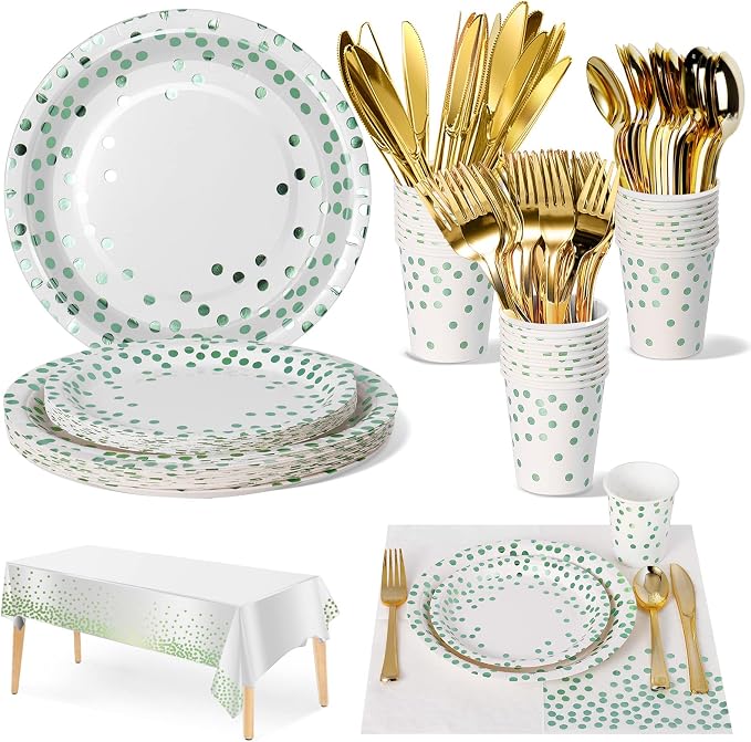 Nkaiso 141 Pieces Green Dots Party Supplies, Disposable Party Decorations Sets Include Paper Plates Napkins Cups, Plastic Forks Knives Spoons, for Baby Shower Birthday Wedding -20 Guests