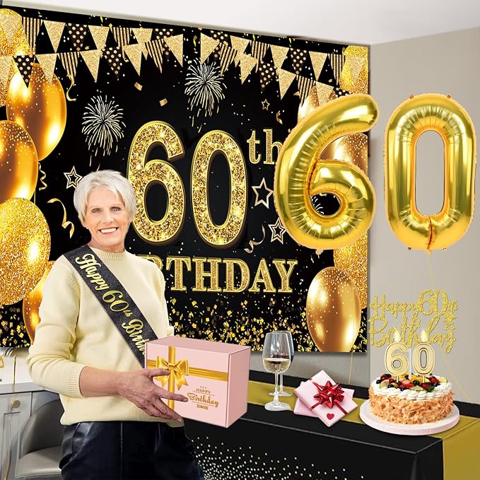 60th Birthday Decorations Men Women with 60th Birthday Banner, Black and Gold Table Cloth, Number Balloons, Large Sash, Cake Topper and Candles