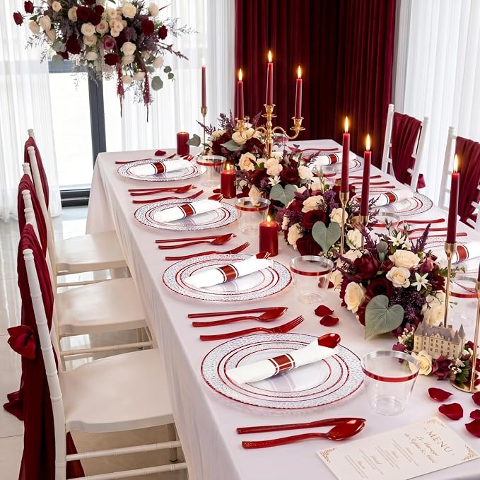 Ciaell 350 PCS Clear and Red Plastic Plates – Red Dinnerware Set for 50 Guests Include 100 Plastic Plates, 50 Pre Rolled Napkins with Cutlery Set, 50 Cups for Wedding