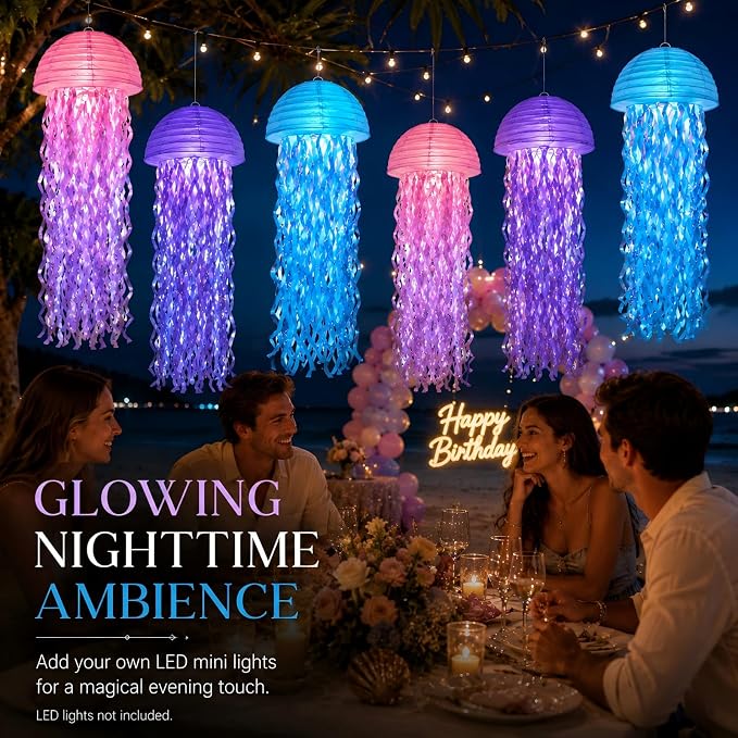 6-Pack Jellyfish Paper Lanterns, Pink Purple Blue Under The Sea Party Decorations, Mermaid Birthday Decorations for Girls, Ocean Themed Baby Shower, Pool & Beach Party Decor