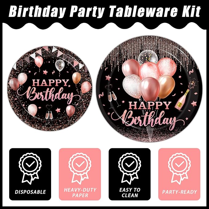 Kepeel 96 Pcs Rose Gold Birthday Plates and Napkins Party Supplies for Women Paper Pink Girls Glitter Happy Birthday Party Disposable Tableware Set Decorations Favors, Serves 24