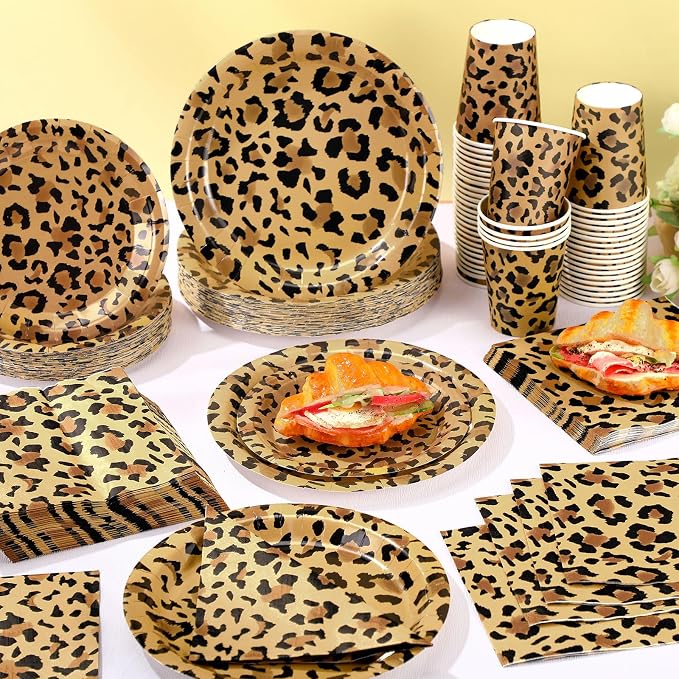 Funnymoom 250 Pcs Leopard Print Plates Napkins and Cups Cheetah Print Party Decoration Tableware Safari Animal Leopard for Birthday Baby Shower Party Favors Jungle Theme Supplies Serve 50 Guests