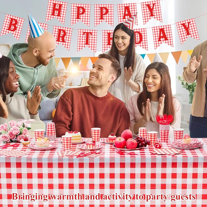 LemonRoad 128 Pcs Red and White Picnic Birthday Party Decoration for 25 Guests, Gingham Checkered Red Birthday Paper Plates Napkins Cups Tablecloth Forks Banner for Pizza BBQ Birthdays Party Supplies