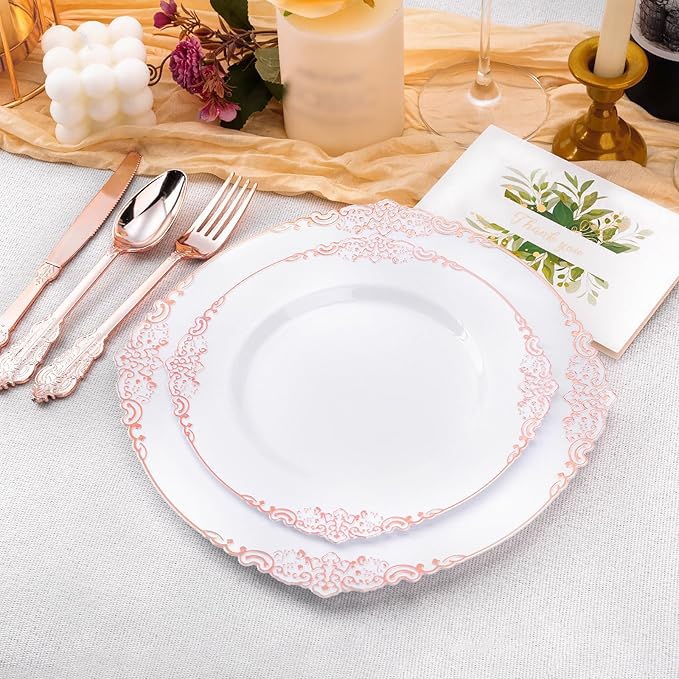 Bestluck 100 PCS White and Rose Gold Plastic Plates for 50 Guests, Rose Gold Disposable Plates Include 50 PCS Dinner Plates, 50 PCS Dessert Plates for Party, Wedding and Baby Shower