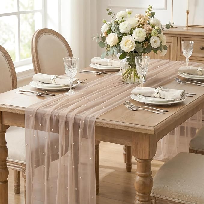 Artoid Mode Pearl Tan Gauze Table Runner 120 Inch 10FT, Seasonal Sheer Dining Holiday Wedding Birthday Baby Shower Table Decor for Home Party